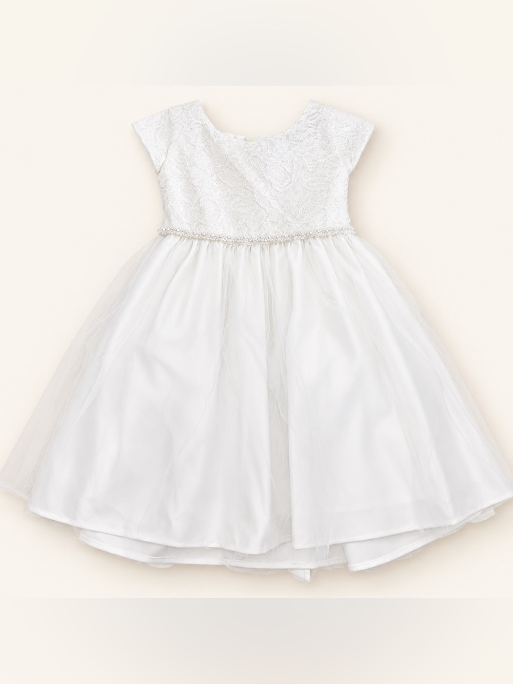 Girls' White Lace & Tulle Party Dress with Beaded Waist